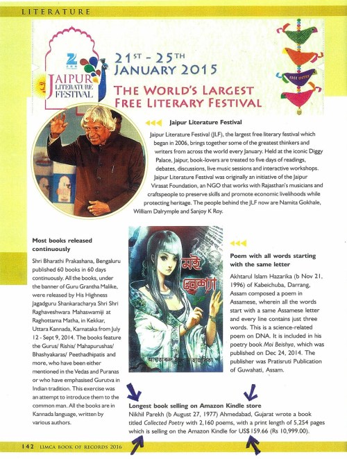 Page from Limca Book of Records 2016 , that has published Parekh's 10th National Record in Poetry .